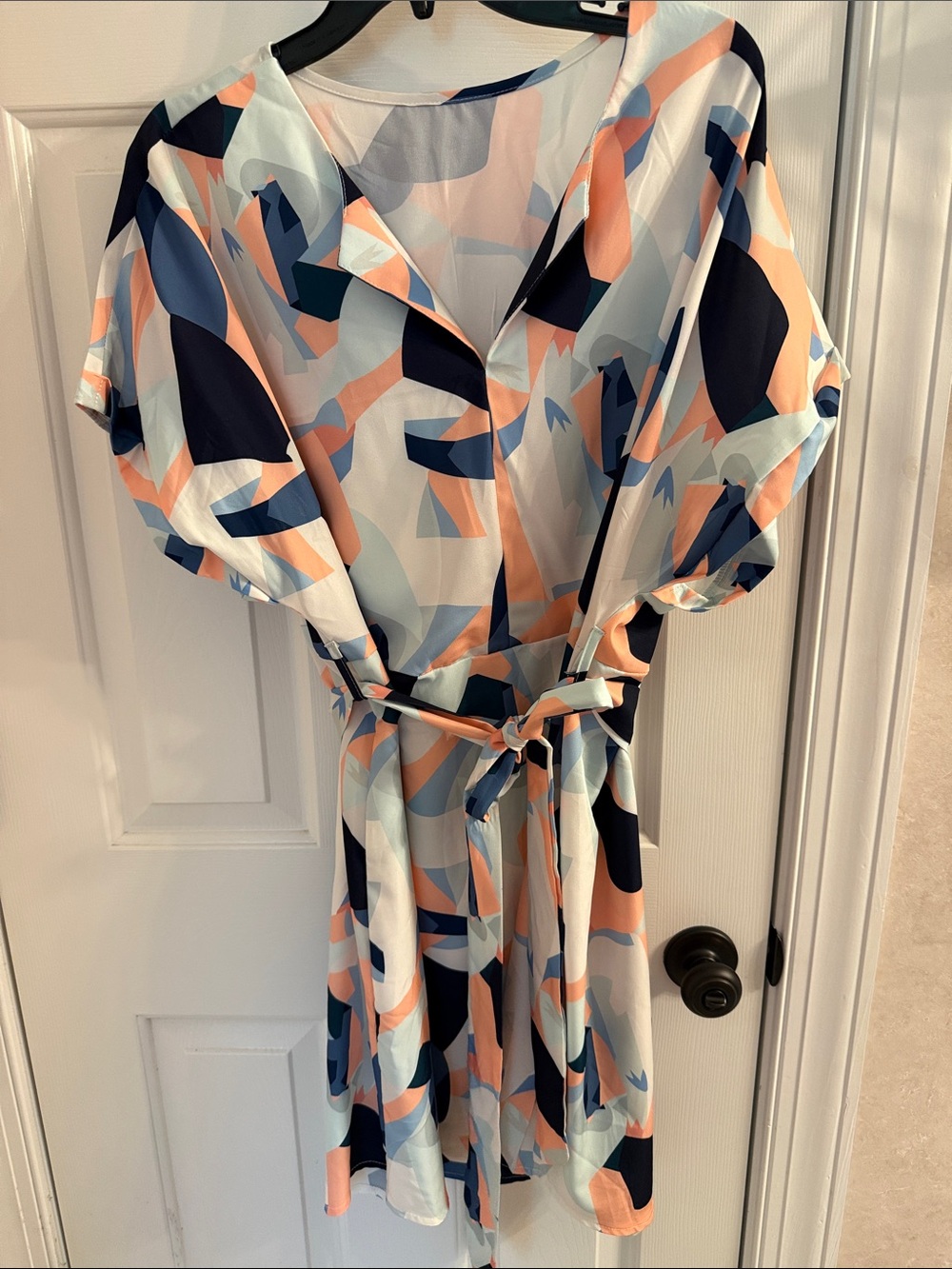 Abstract Print Belted Women’s Dress in Peach & Navy